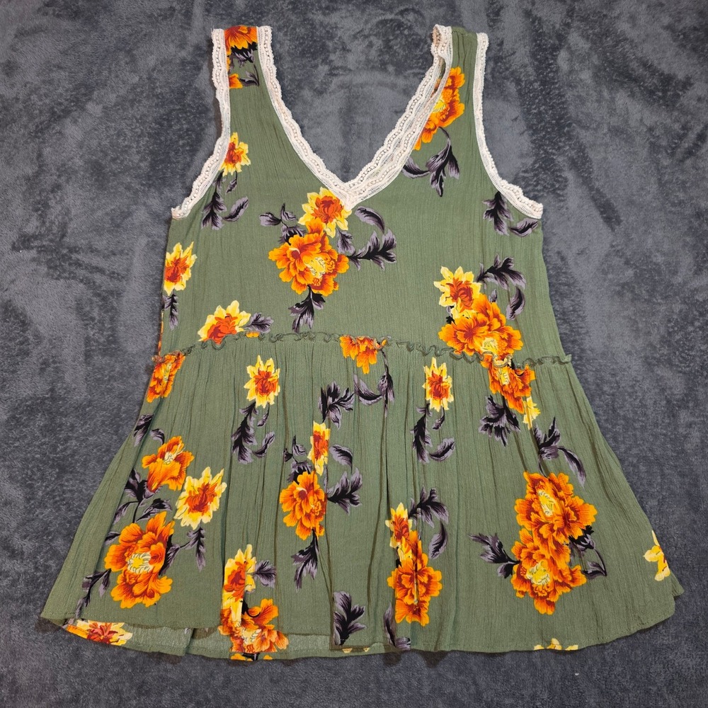 Babydoll Tank Top M Olive Green Floral Crochet Lace Trim